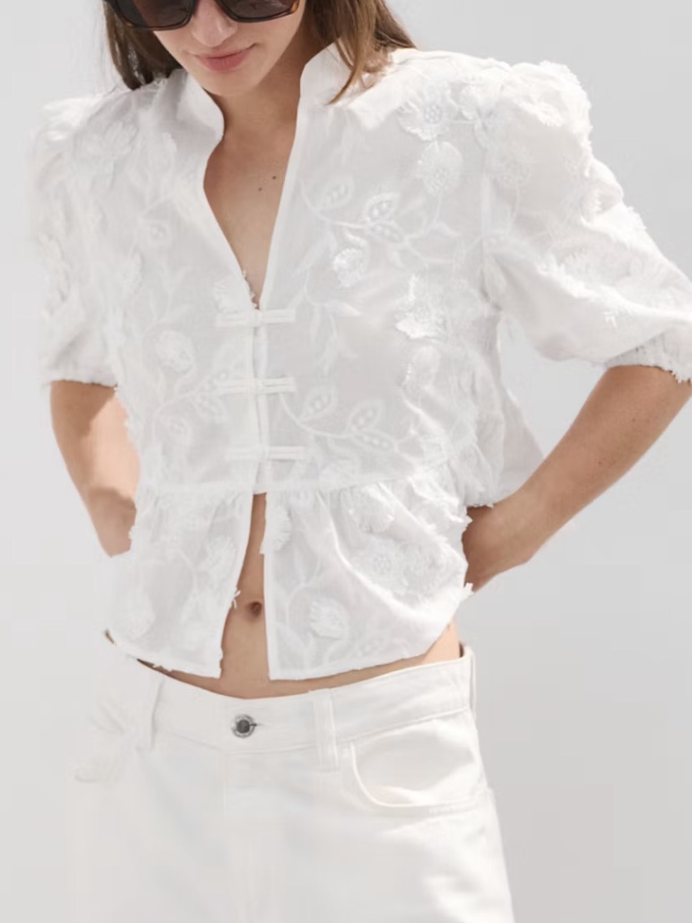 Mango White EMBROIDERED PUFF-SLEEVE BLOUSE 4074